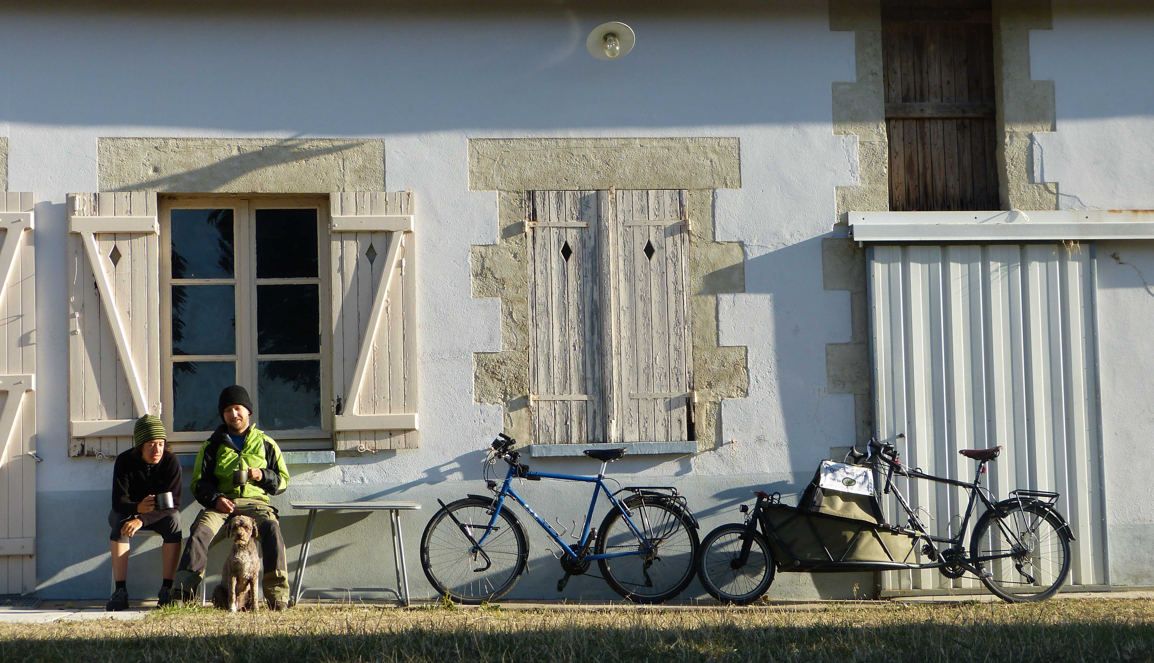 Enjoying a morning coffee outside Patrick and Françoise's barn