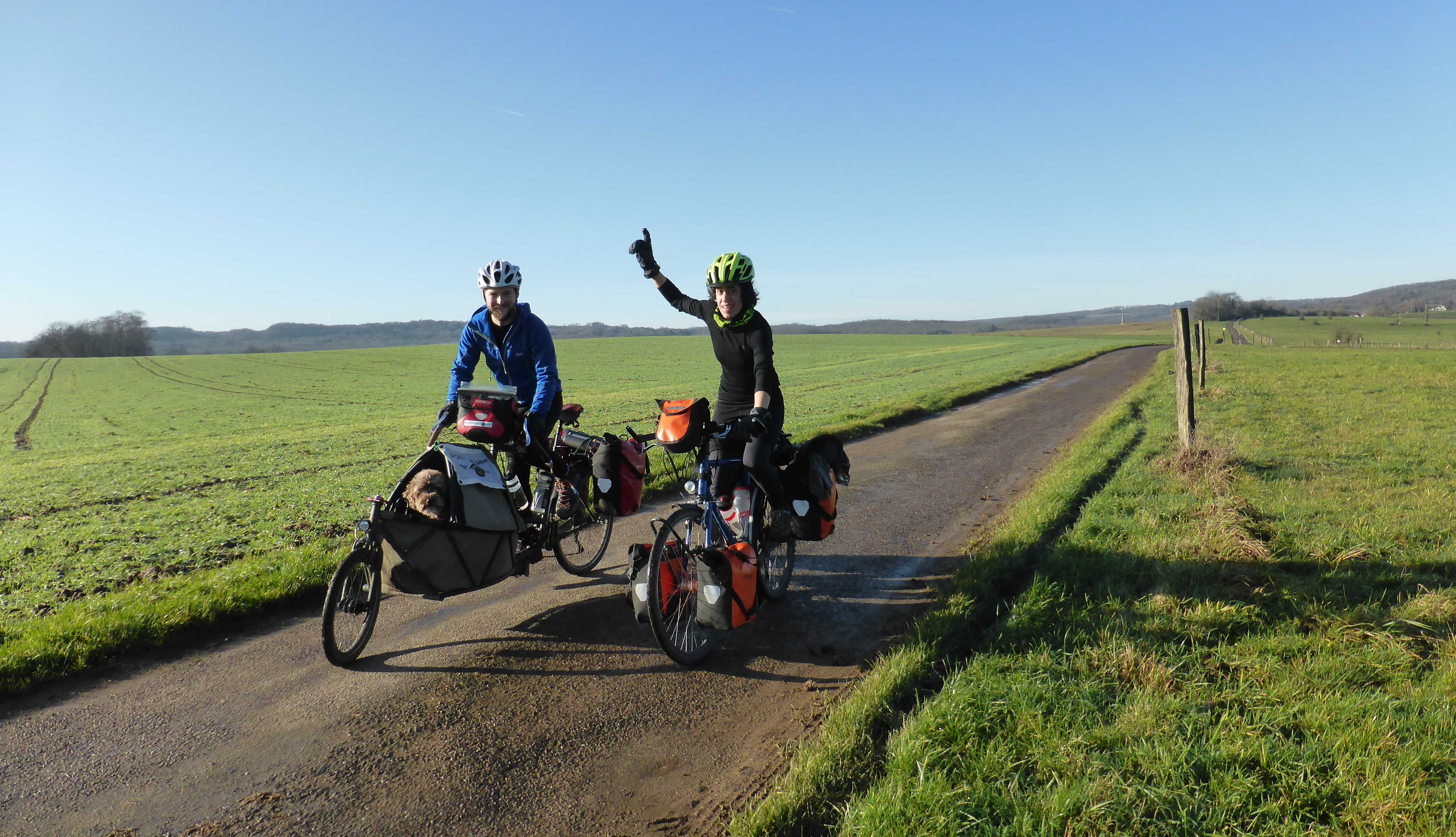 Pointing at the incredibly blue sky